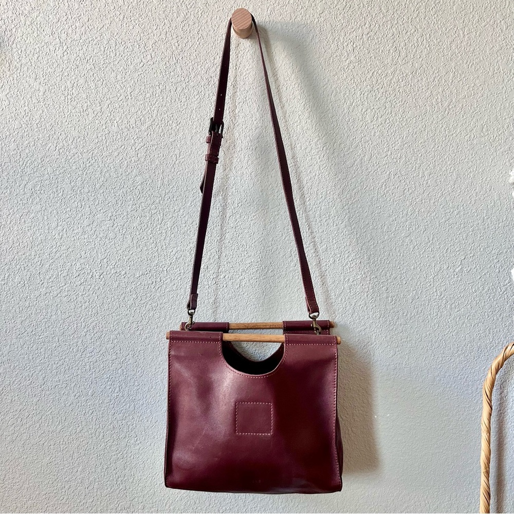 Able Frida Wooden Handle Leather Crossbody Brown Bag